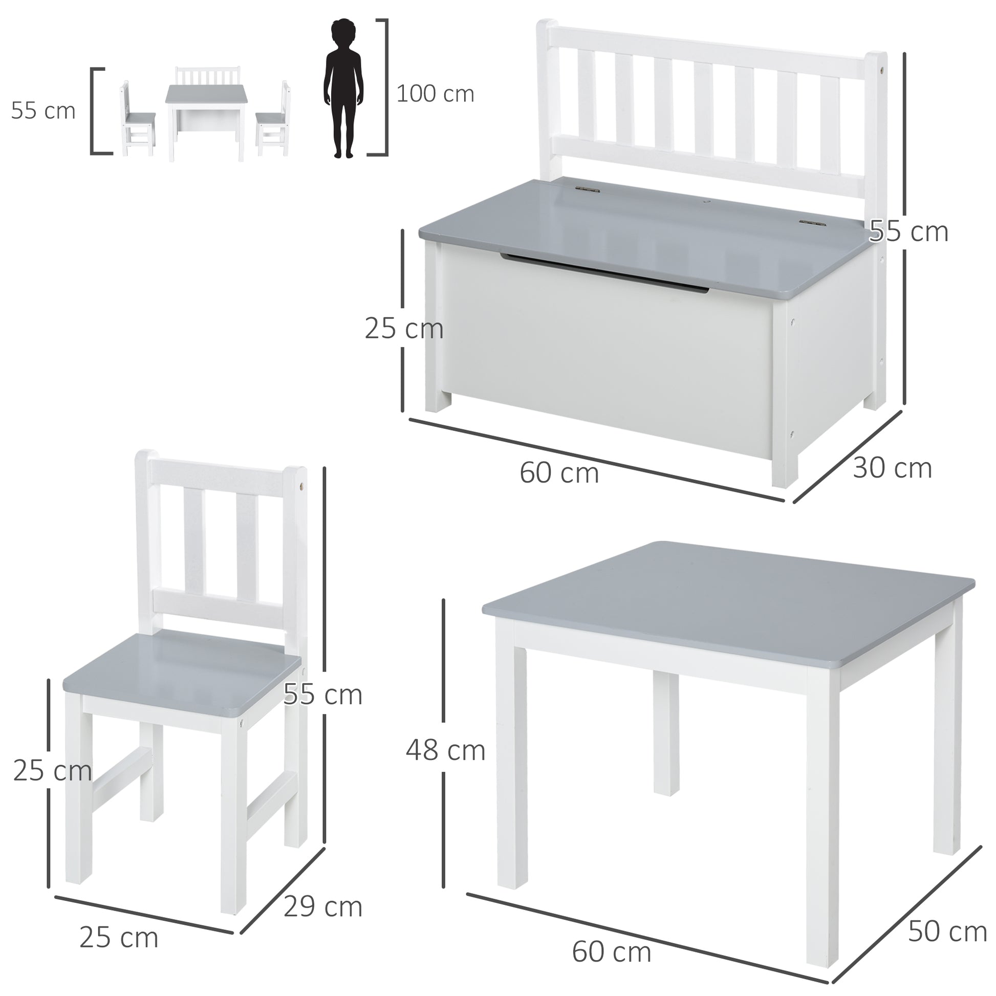 Children's Table and Chairs Set of 4 Pieces Children's Table with 2 Chairs and Storage Bench Furniture Set for Kids Ages 3+ for Bedroom Playroom Gray and White