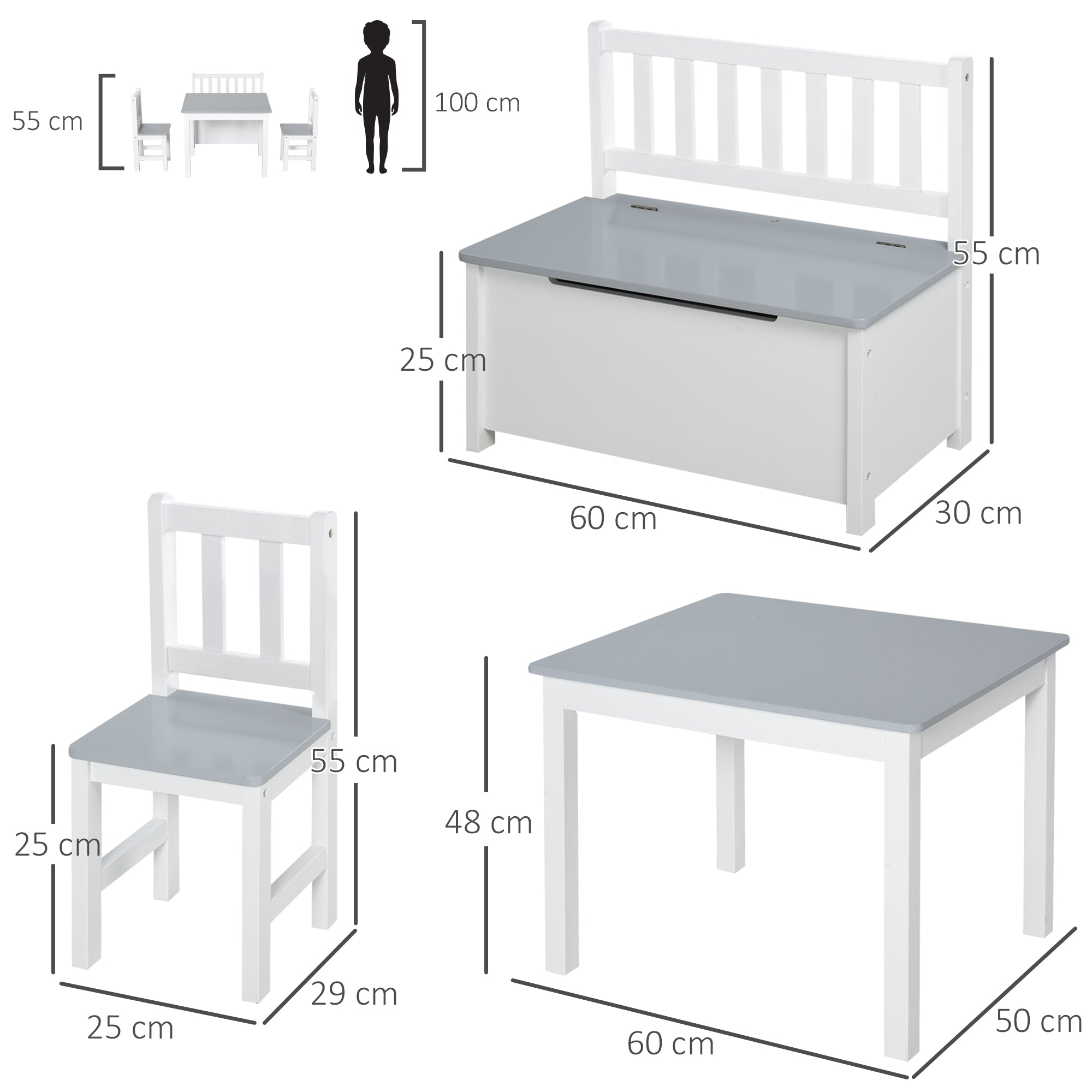 Children's Table and Chairs Set of 4 Pieces Children's Table with 2 Chairs and Storage Bench Furniture Set for Kids Ages 3+ for Bedroom Playroom Gray and White