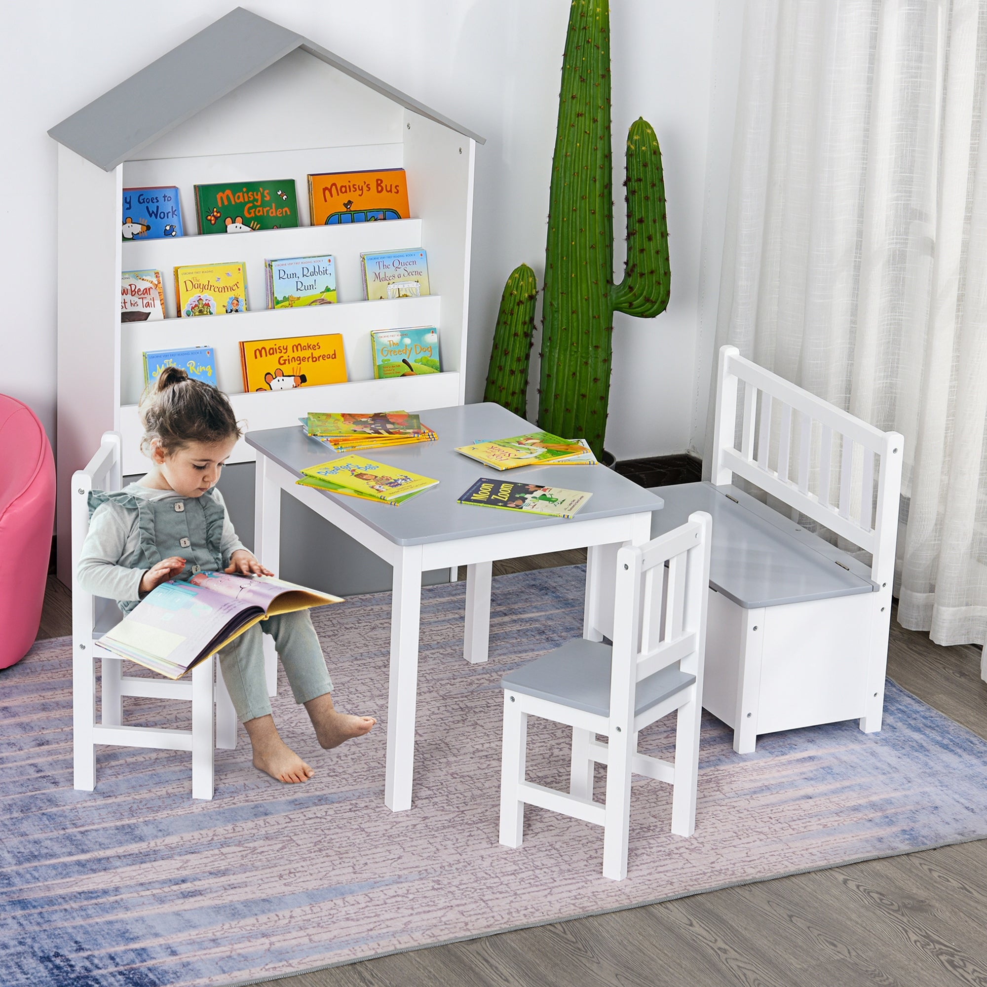 Children's Table and Chairs Set of 4 Pieces Children's Table with 2 Chairs and Storage Bench Furniture Set for Kids Ages 3+ for Bedroom Playroom Gray and White