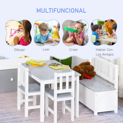 Children's Table and Chairs Set of 4 Pieces Children's Table with 2 Chairs and Storage Bench Furniture Set for Kids Ages 3+ for Bedroom Playroom Gray and White