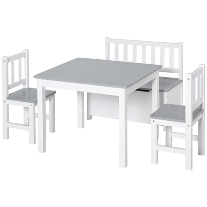 Children's Table and Chairs Set of 4 Pieces Children's Table with 2 Chairs and Storage Bench Furniture Set for Kids Ages 3+ for Bedroom Playroom Gray and White