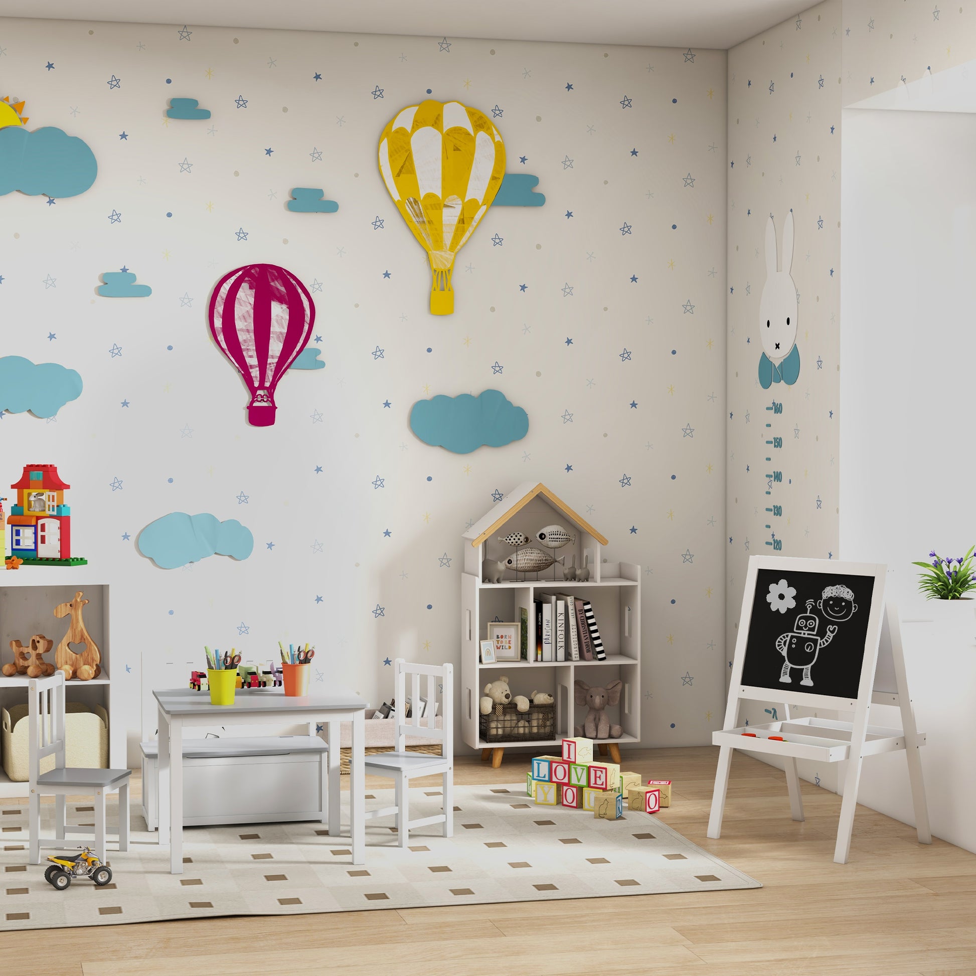 Children's Table and Chairs Set of 4 Pieces Children's Table with 2 Chairs and Storage Bench Furniture Set for Kids Ages 3+ for Bedroom Playroom Gray and White