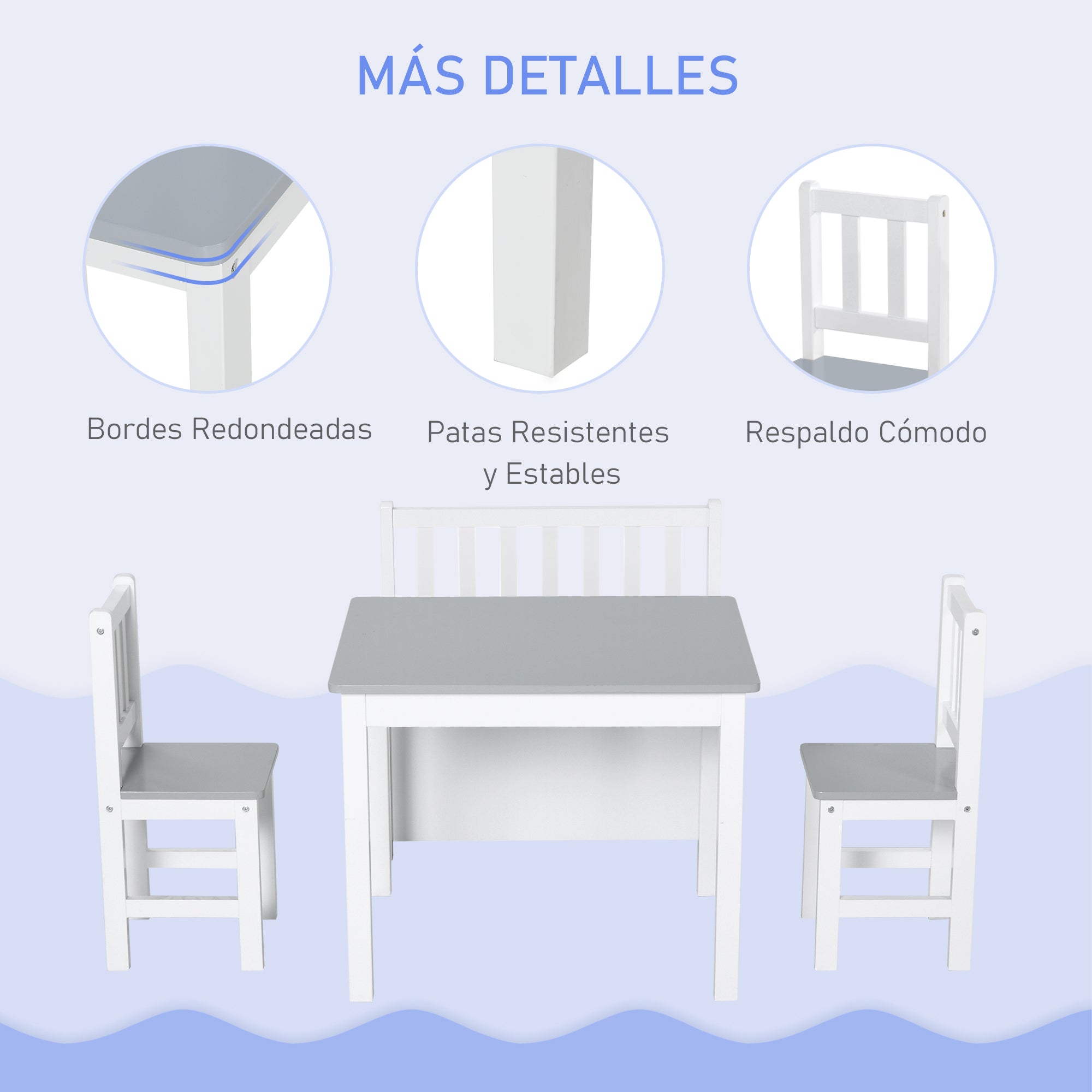 Children's Table and Chairs Set of 4 Pieces Children's Table with 2 Chairs and Storage Bench Furniture Set for Kids Ages 3+ for Bedroom Playroom Gray and White
