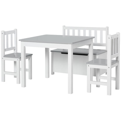 Children's Table and Chairs Set of 4 Pieces Children's Table with 2 Chairs and Storage Bench Furniture Set for Kids Ages 3+ for Bedroom Playroom Gray and White