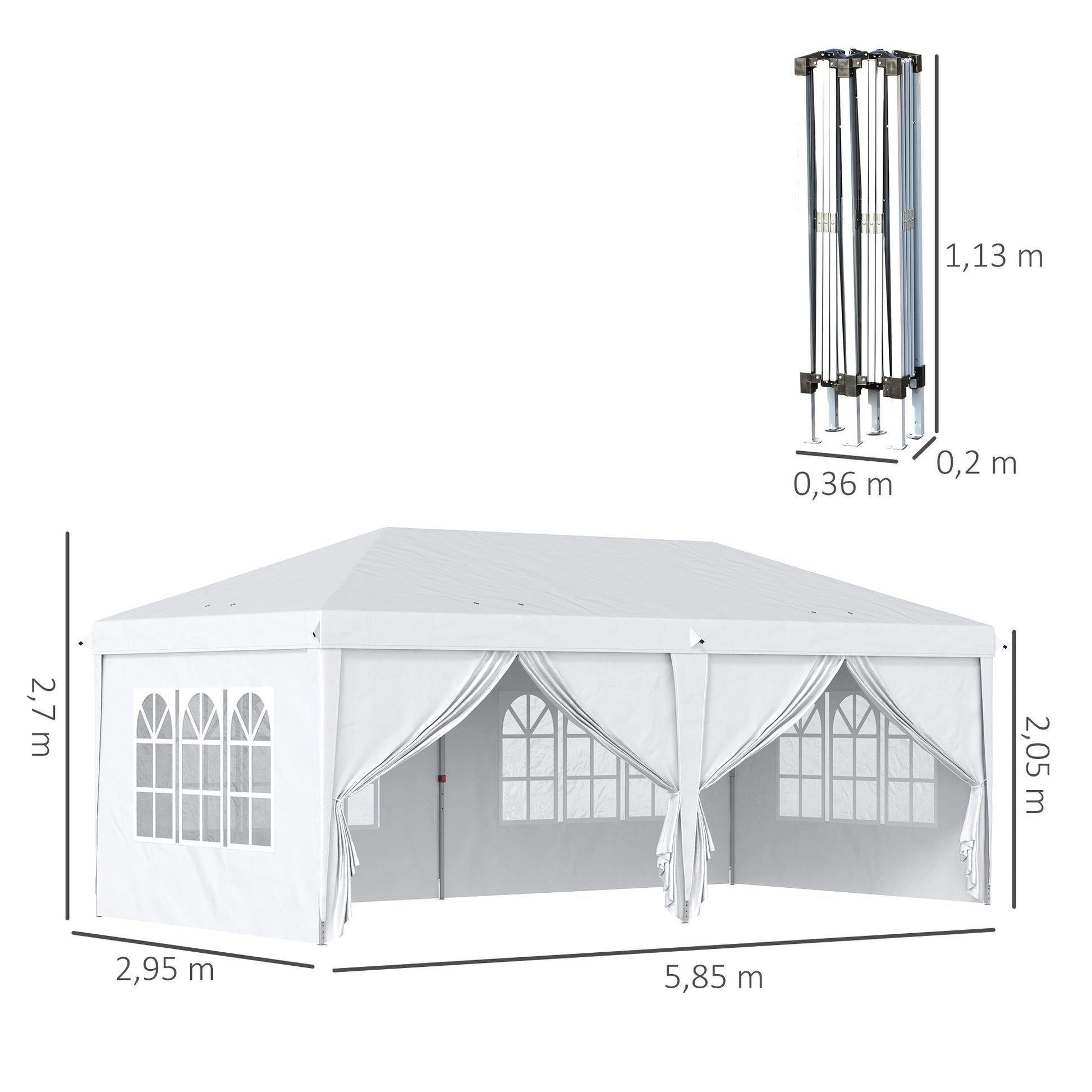 Foldable Canopy 6x3x2.7m Garden Gazebo Foldable with 4 Panels 4 Windows 2 Zippered Doors 1 UV-Resistant Waterproof Bag for Outdoor Patio Beach White