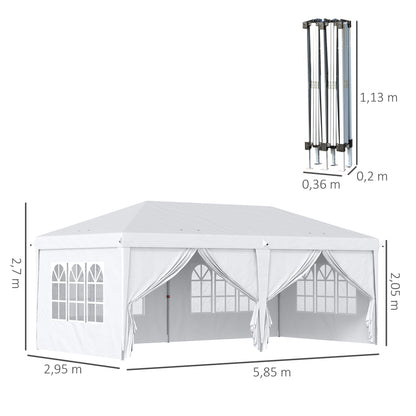 Foldable Canopy 6x3x2.7m Garden Gazebo Foldable with 4 Panels 4 Windows 2 Zippered Doors 1 UV-Resistant Waterproof Bag for Outdoor Patio Beach White