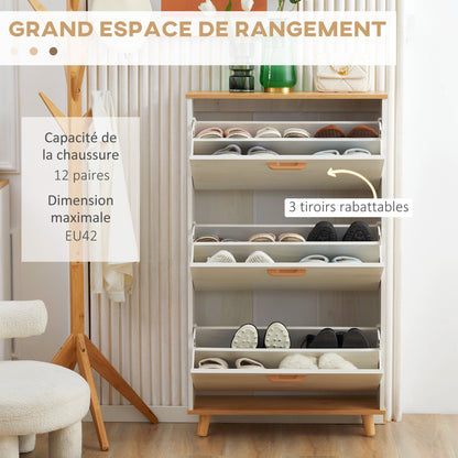 Scandinavian Style Shoe Cabinet Shoe Rack with 3 Flip-Down Doors Wood Grain Look - 70 x 23.5 x 122 cm - White