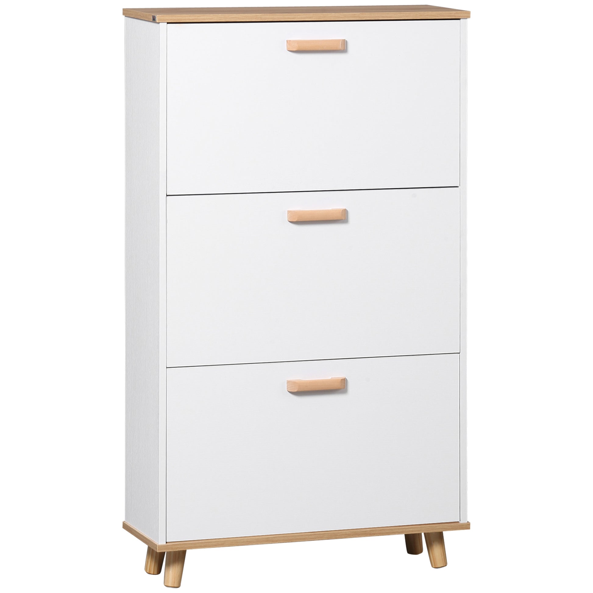 Scandinavian Style Shoe Cabinet Shoe Rack with 3 Flip-Down Doors Wood Grain Look - 70 x 23.5 x 122 cm - White
