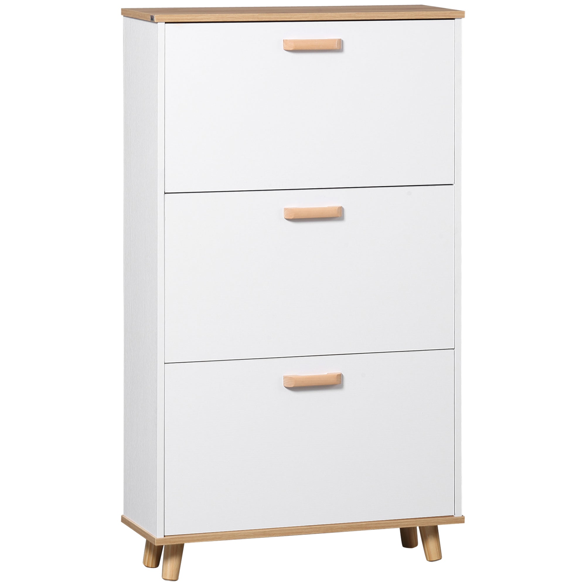 Scandinavian Style Shoe Cabinet Shoe Rack with 3 Flip-Down Doors Wood Grain Look - 70 x 23.5 x 122 cm - White