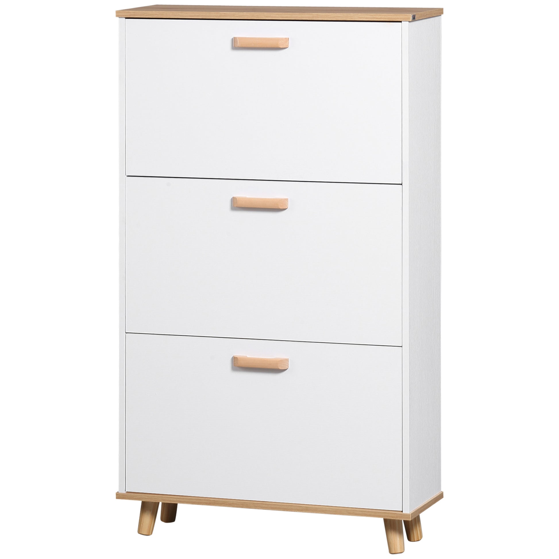 Scandinavian Style Shoe Cabinet Shoe Rack with 3 Flip-Down Doors Wood Grain Look - 70 x 23.5 x 122 cm - White