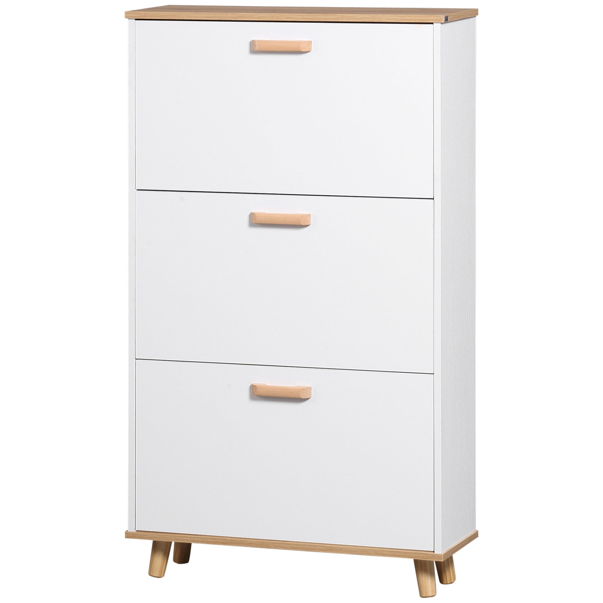 Scandinavian Style Shoe Cabinet Shoe Rack with 3 Flip-Down Doors Wood Grain Look - 70 x 23.5 x 122 cm - White