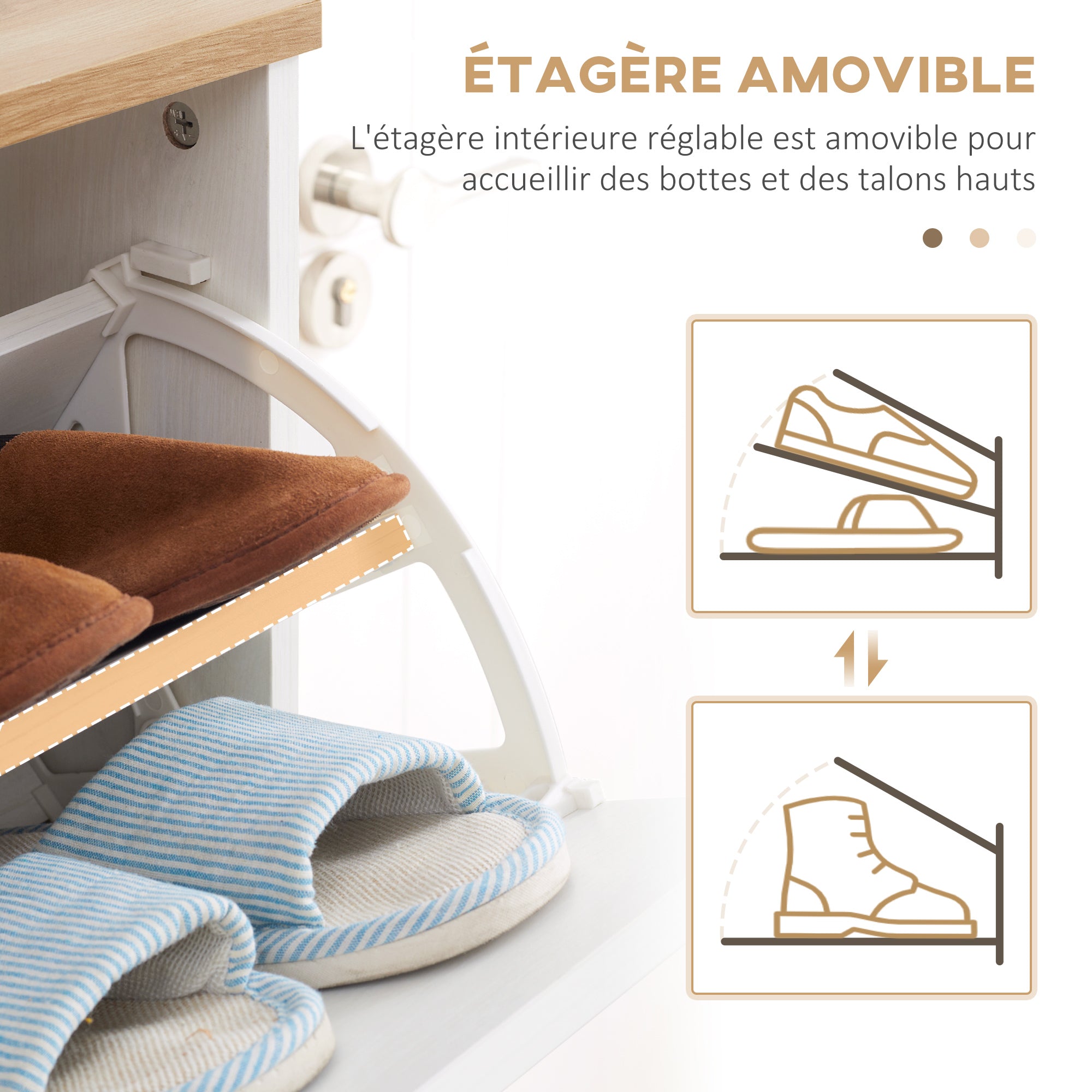 Scandinavian Style Shoe Cabinet Shoe Rack with 3 Flip-Down Doors Wood Grain Look - 70 x 23.5 x 122 cm - White
