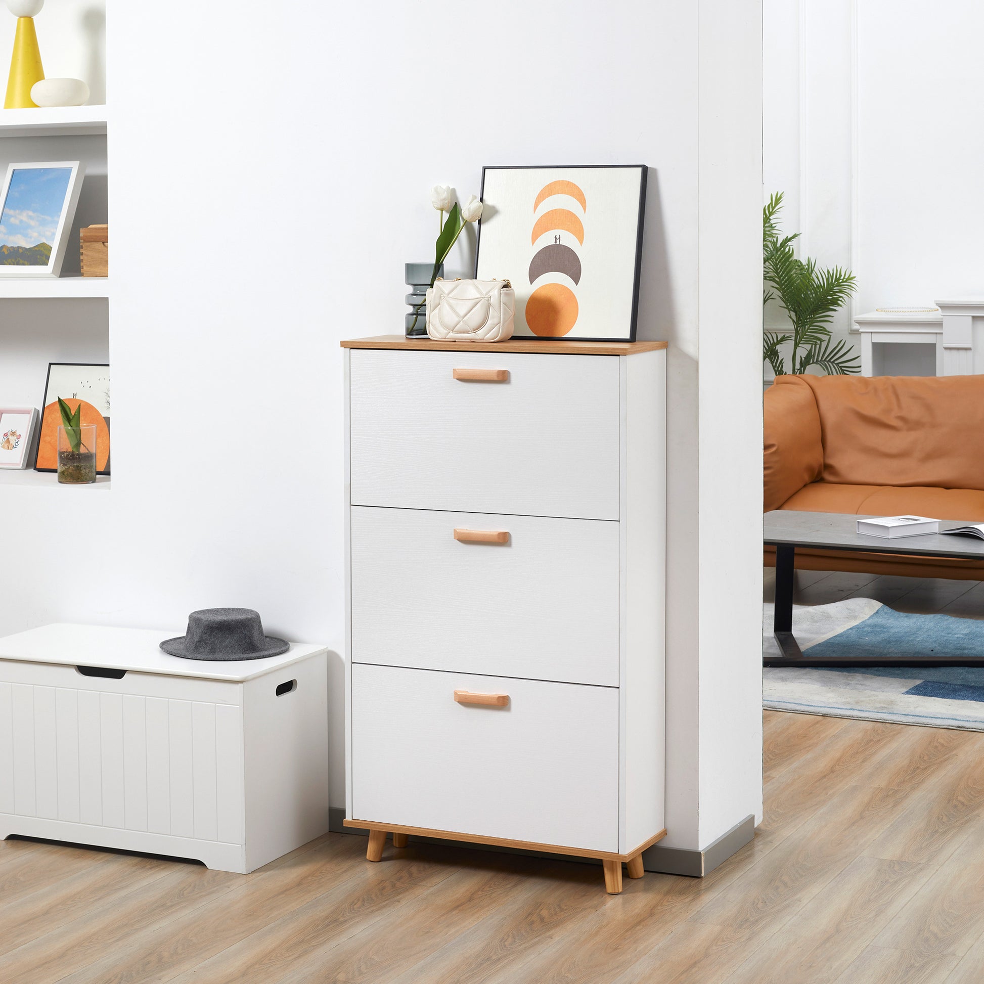 Scandinavian Style Shoe Cabinet Shoe Rack with 3 Flip-Down Doors Wood Grain Look - 70 x 23.5 x 122 cm - White