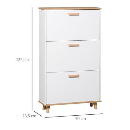 Scandinavian Style Shoe Cabinet Shoe Rack with 3 Flip-Down Doors Wood Grain Look - 70 x 23.5 x 122 cm - White