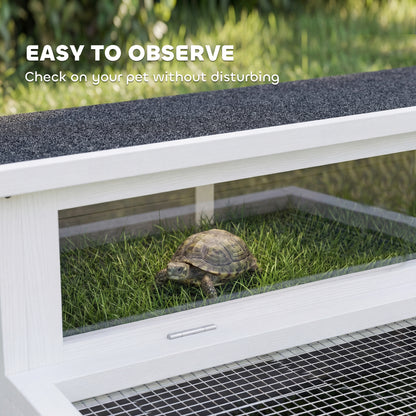 Turtle Habitat with Run — Wooden Enclosure with Clear Window, Top Opening and Multiple Doors, Garden House for Turtle or Rabbit, Dark Gray