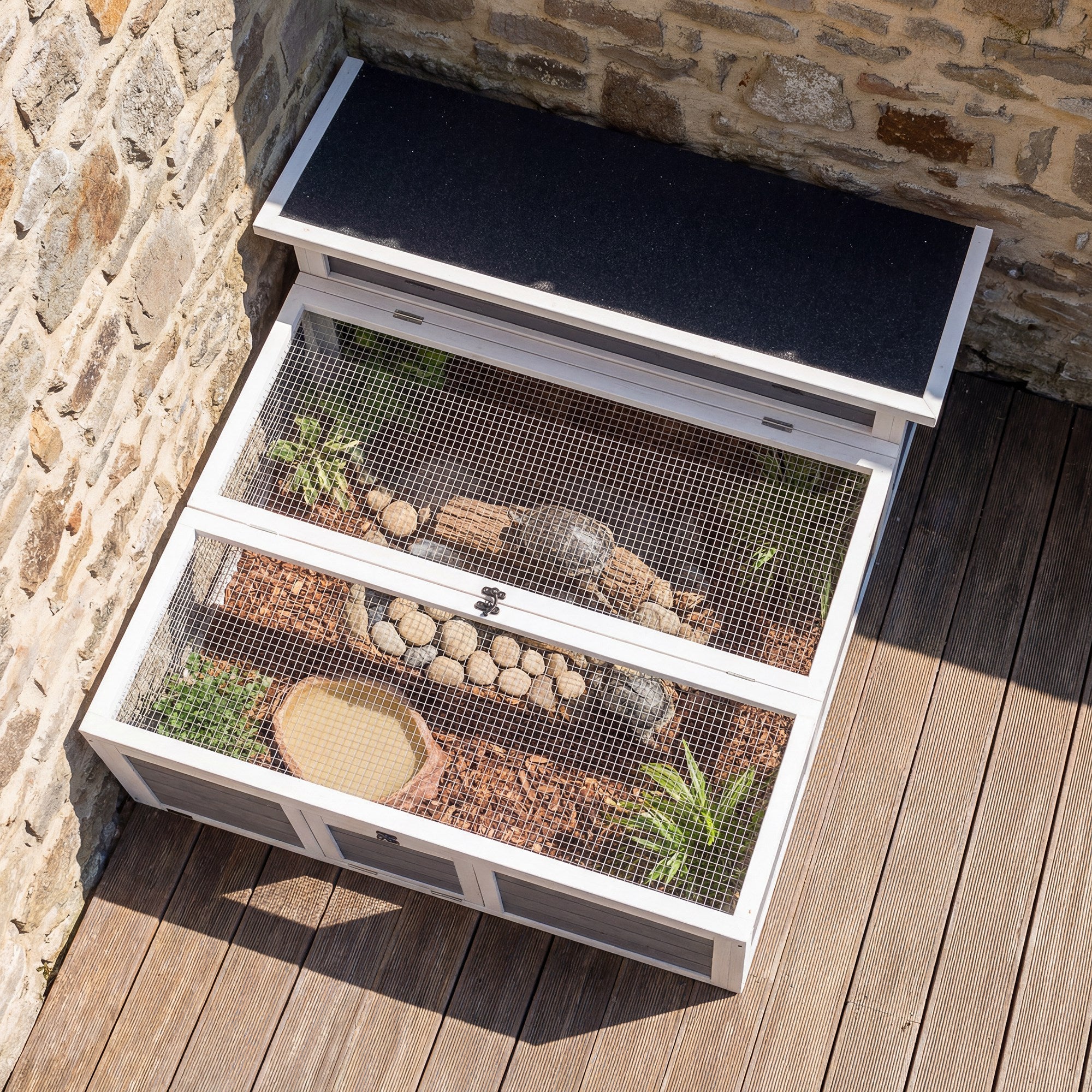 Turtle Habitat with Run — Wooden Enclosure with Clear Window, Top Opening and Multiple Doors, Garden House for Turtle or Rabbit, Dark Gray