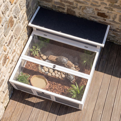Turtle Habitat with Run — Wooden Enclosure with Clear Window, Top Opening and Multiple Doors, Garden House for Turtle or Rabbit, Dark Gray