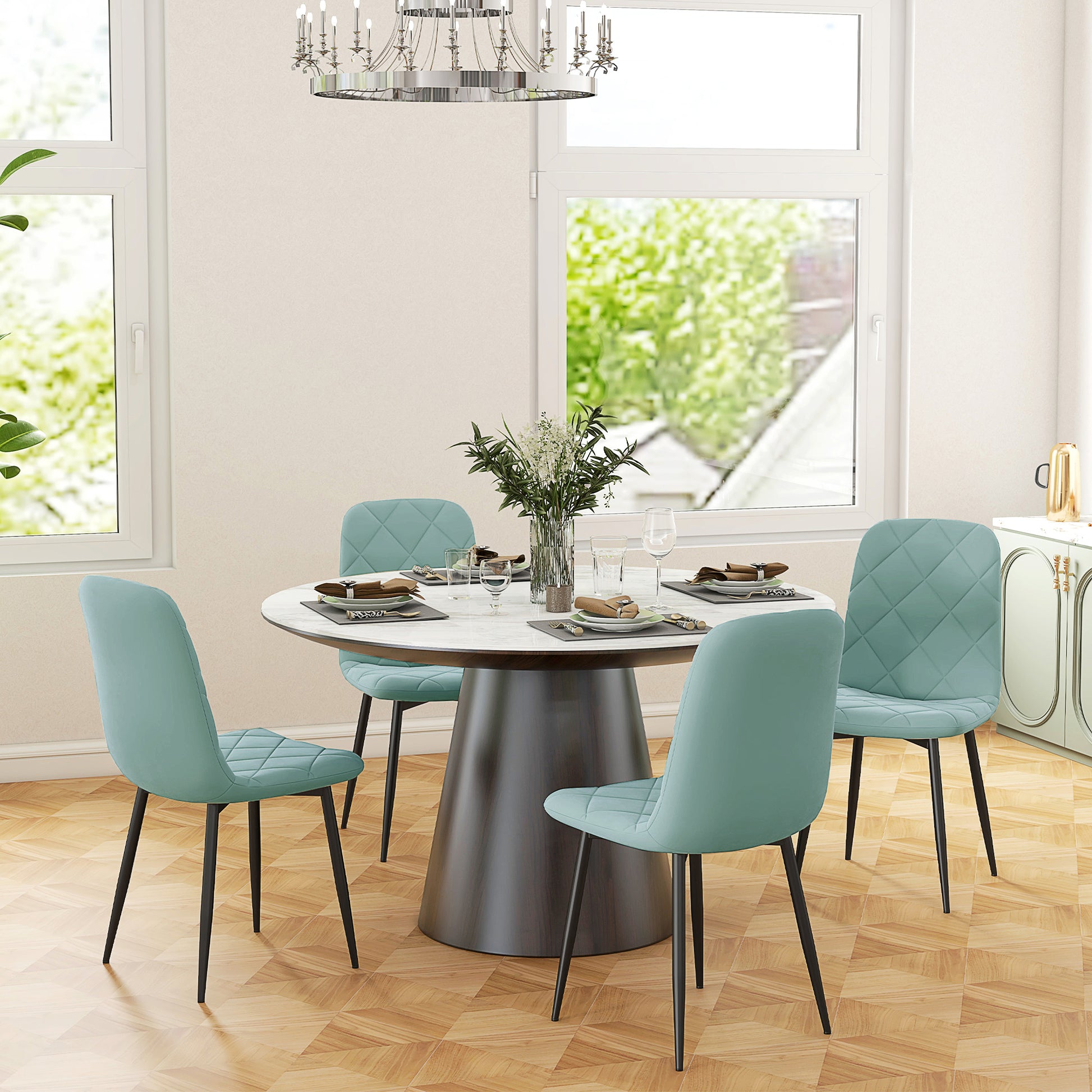 Set of 4 dining chairs, padded kitchen chairs with high backrest, steel legs and velvet effect fabric, for living room, bedroom, kitchen, green