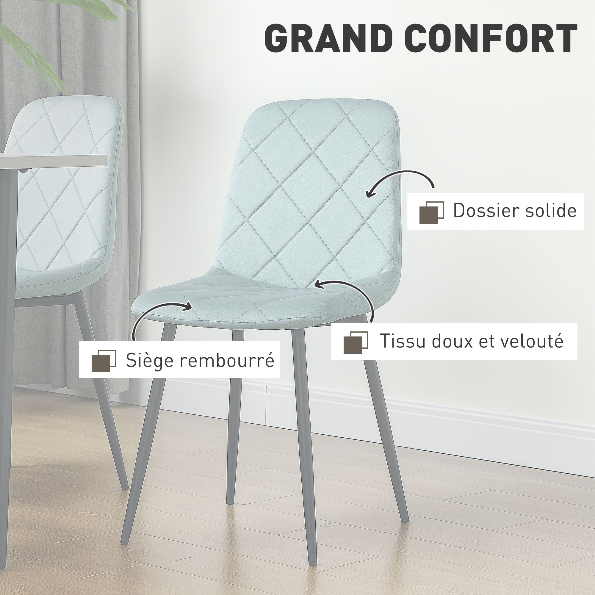 Set of 4 dining chairs, padded kitchen chairs with high backrest, steel legs and velvet effect fabric, for living room, bedroom, kitchen, green