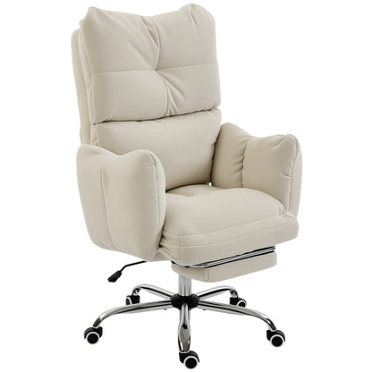 Ergonomic Office Chair with Footrest — Snow-White Flannel, Thick Padding, High Back, Height Adjustable, Cream White