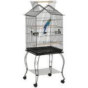 Bird Cage 50x58x145 cm Metal Birdhouse with 3 Doors 2 Feeders 3 Perches Removable Tray Open Shelf and 4 Wheels for Canaries Parakeets Black