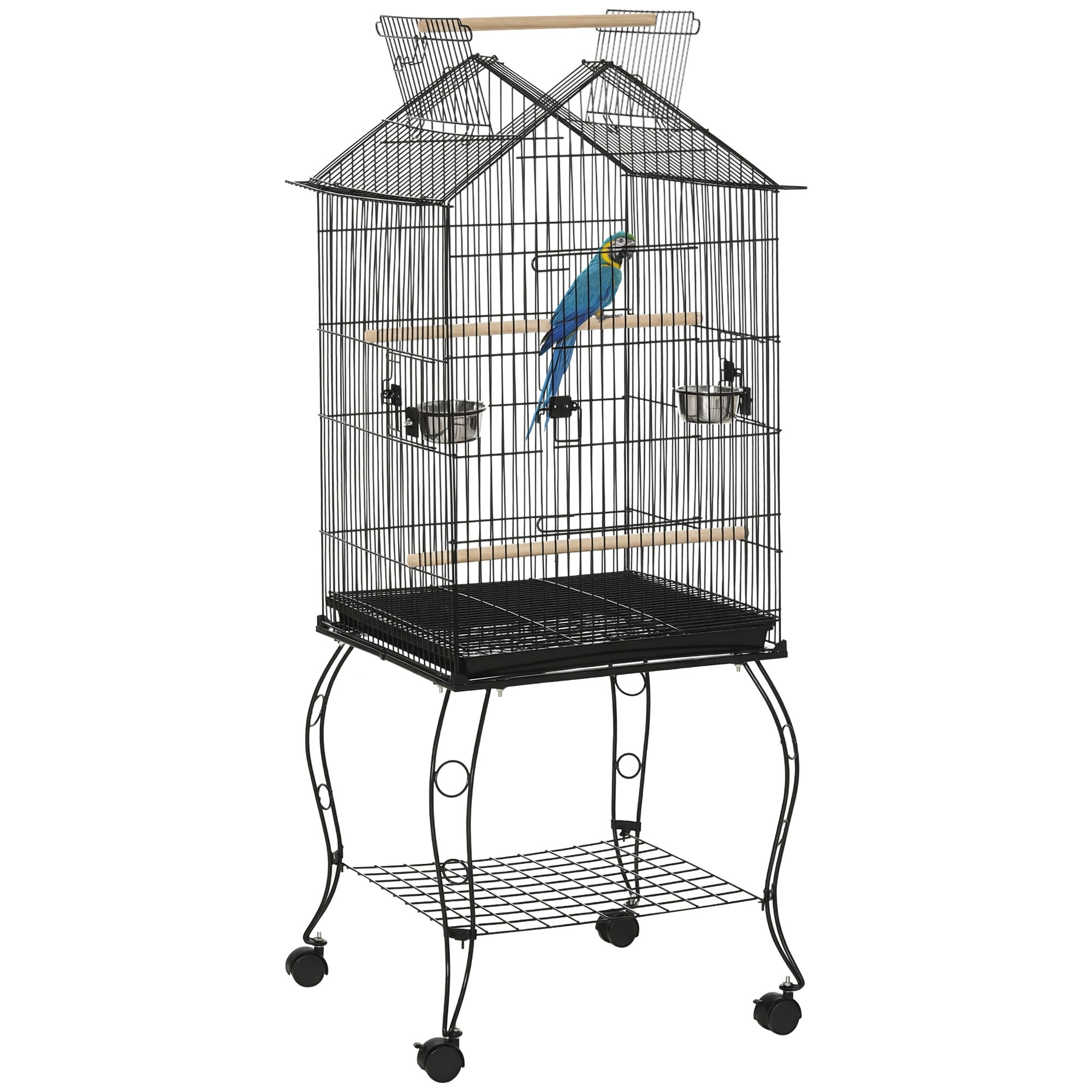 Bird Cage 50x58x145 cm Metal Birdhouse with 3 Doors 2 Feeders 3 Perches Removable Tray Open Shelf and 4 Wheels for Canaries Parakeets Black