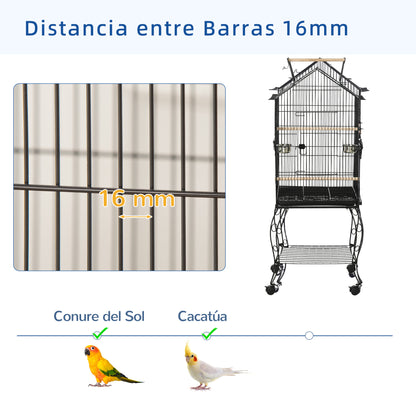 Bird Cage 50x58x145 cm Metal Birdhouse with 3 Doors 2 Feeders 3 Perches Removable Tray Open Shelf and 4 Wheels for Canaries Parakeets Black