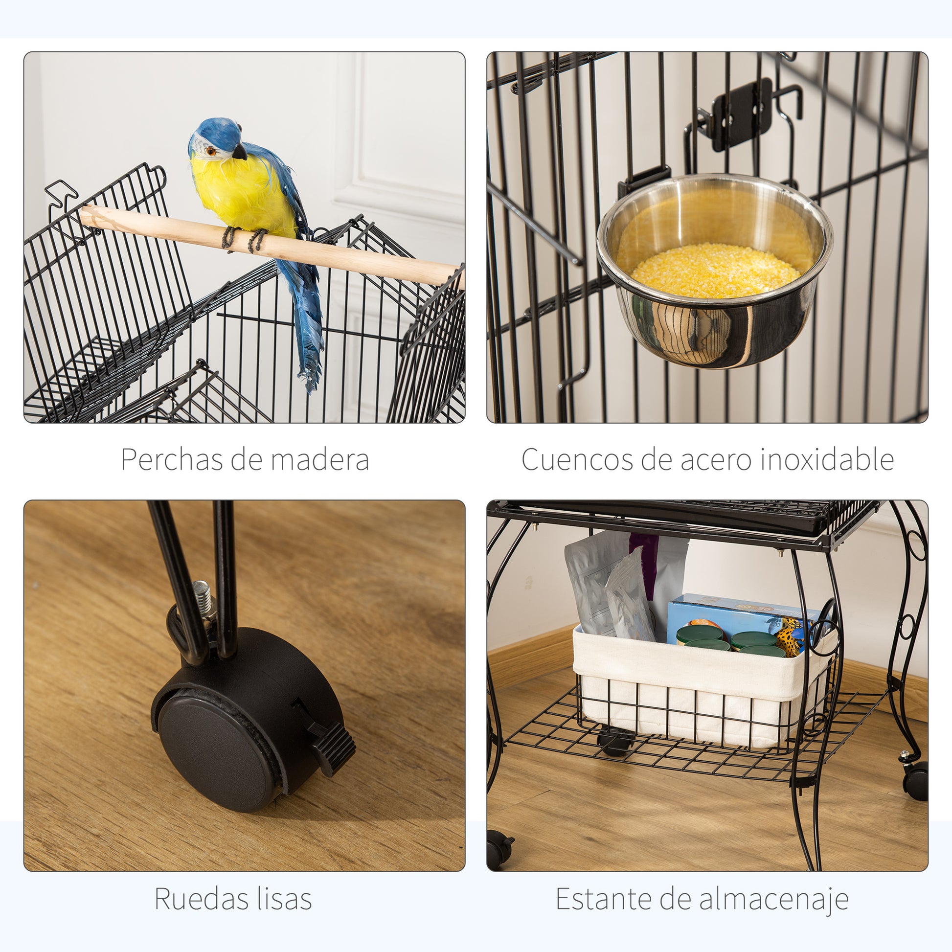Bird Cage 50x58x145 cm Metal Birdhouse with 3 Doors 2 Feeders 3 Perches Removable Tray Open Shelf and 4 Wheels for Canaries Parakeets Black