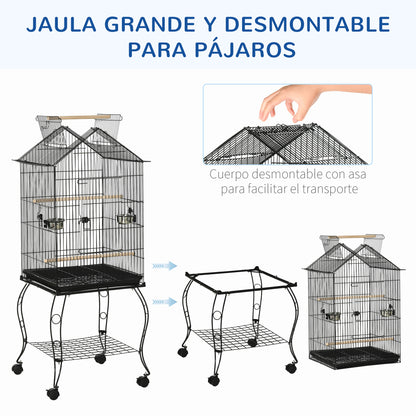 Bird Cage 50x58x145 cm Metal Birdhouse with 3 Doors 2 Feeders 3 Perches Removable Tray Open Shelf and 4 Wheels for Canaries Parakeets Black