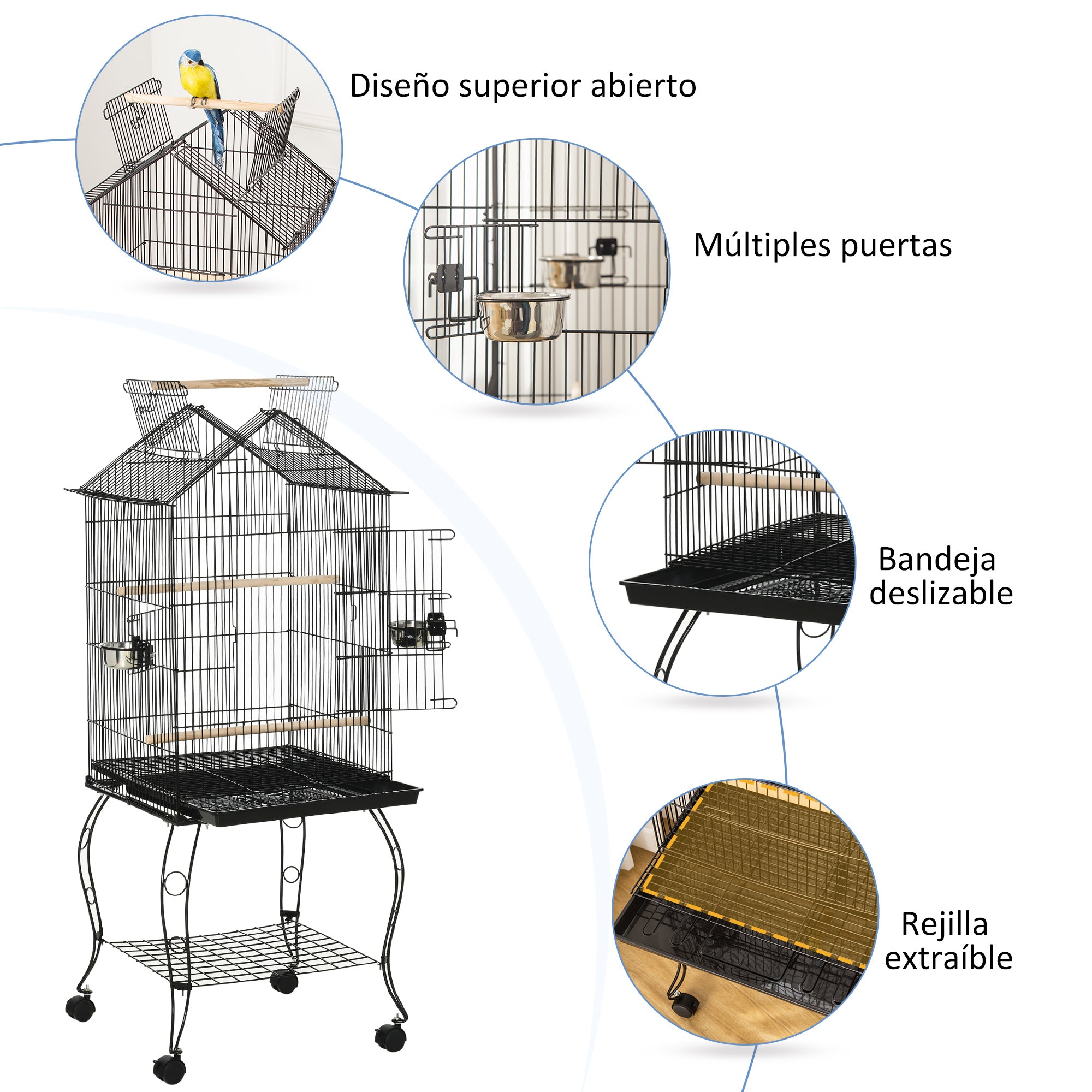Bird Cage 50x58x145 cm Metal Birdhouse with 3 Doors 2 Feeders 3 Perches Removable Tray Open Shelf and 4 Wheels for Canaries Parakeets Black
