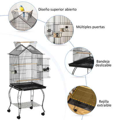 Bird Cage 50x58x145 cm Metal Birdhouse with 3 Doors 2 Feeders 3 Perches Removable Tray Open Shelf and 4 Wheels for Canaries Parakeets Black