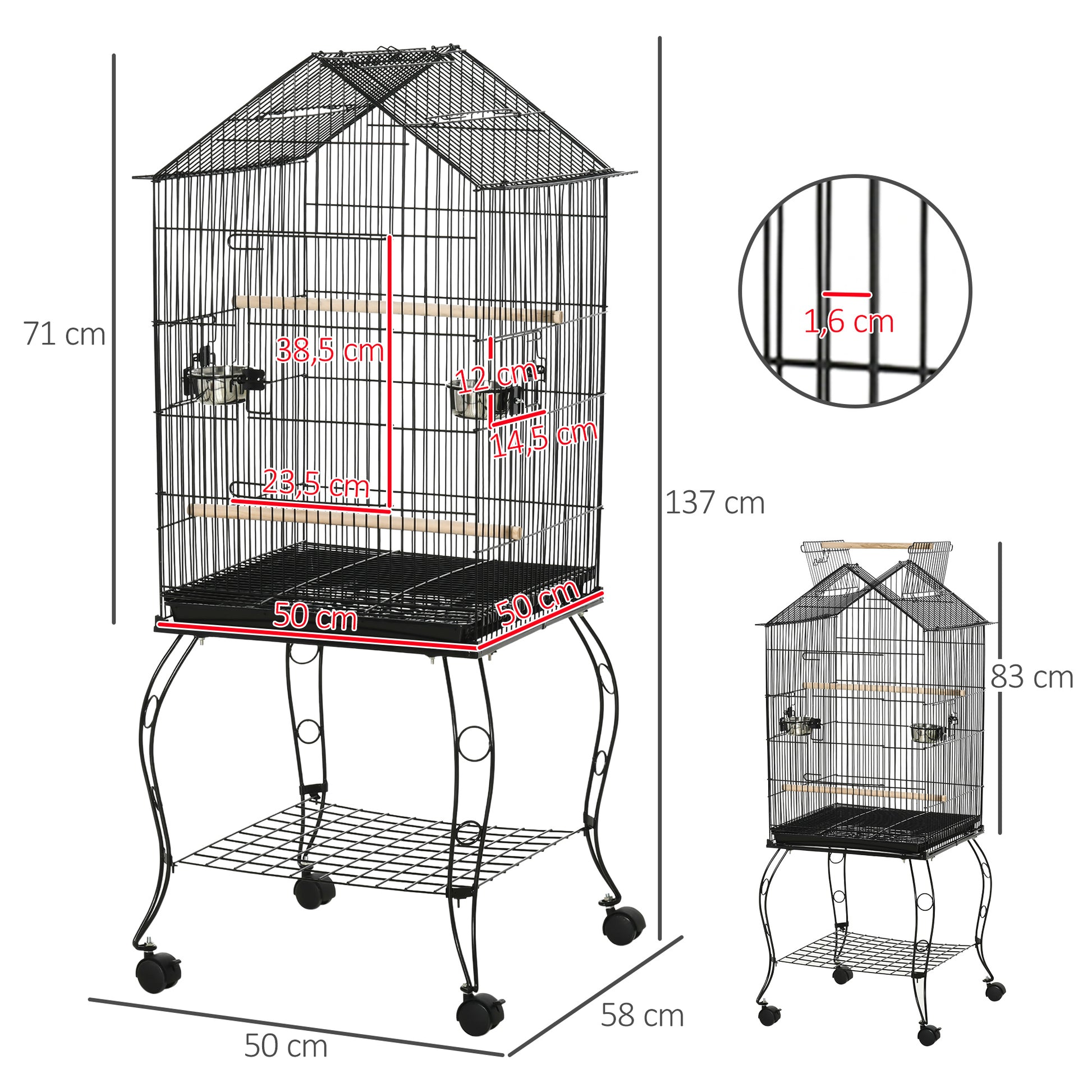 Bird Cage 50x58x145 cm Metal Birdhouse with 3 Doors 2 Feeders 3 Perches Removable Tray Open Shelf and 4 Wheels for Canaries Parakeets Black