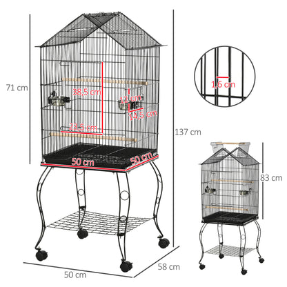Bird Cage 50x58x145 cm Metal Birdhouse with 3 Doors 2 Feeders 3 Perches Removable Tray Open Shelf and 4 Wheels for Canaries Parakeets Black