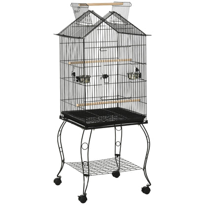 Bird Cage 50x58x145 cm Metal Birdhouse with 3 Doors 2 Feeders 3 Perches Removable Tray Open Shelf and 4 Wheels for Canaries Parakeets Black