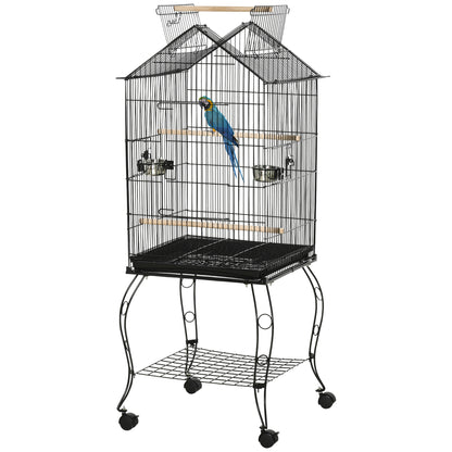 Bird Cage 50x58x145 cm Metal Birdhouse with 3 Doors 2 Feeders 3 Perches Removable Tray Open Shelf and 4 Wheels for Canaries Parakeets Black