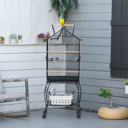 Bird Cage 50x58x145 cm Metal Birdhouse with 3 Doors 2 Feeders 3 Perches Removable Tray Open Shelf and 4 Wheels for Canaries Parakeets Black