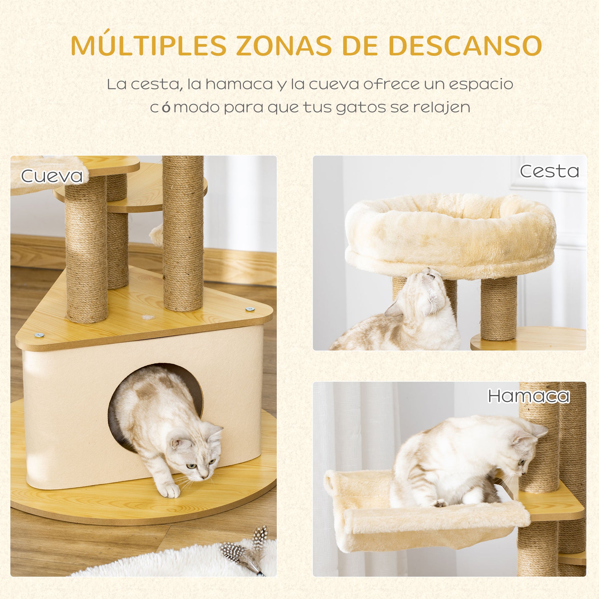 Cat Scratching Tree Ø60x99 cm with Removable Triangular Felt Cave Hammock Washable Bed Sisal Scratching Posts Platforms and Hanging Ball Beige and Natural