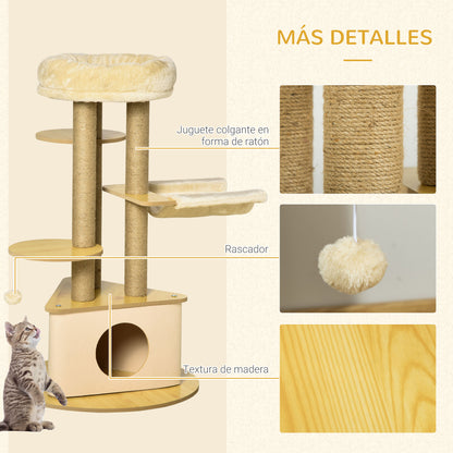 Cat Scratching Tree Ø60x99 cm with Removable Triangular Felt Cave Hammock Washable Bed Sisal Scratching Posts Platforms and Hanging Ball Beige and Natural