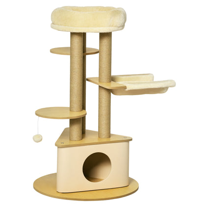 Cat Scratching Tree Ø60x99 cm with Removable Triangular Felt Cave Hammock Washable Bed Sisal Scratching Posts Platforms and Hanging Ball Beige and Natural