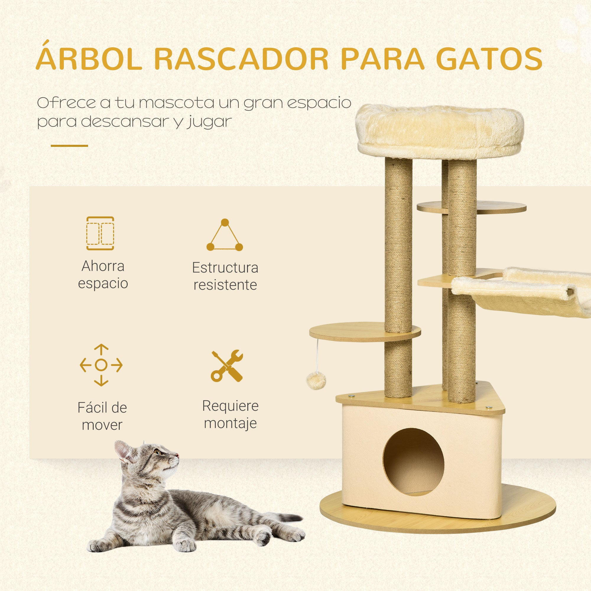 Cat Scratching Tree Ø60x99 cm with Removable Triangular Felt Cave Hammock Washable Bed Sisal Scratching Posts Platforms and Hanging Ball Beige and Natural