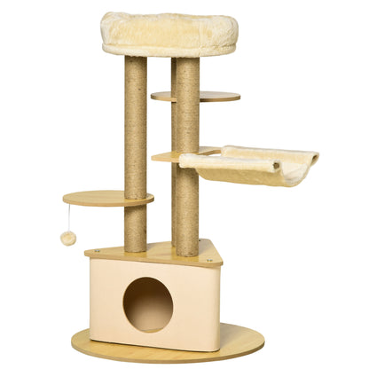 Cat Scratching Tree Ø60x99 cm with Removable Triangular Felt Cave Hammock Washable Bed Sisal Scratching Posts Platforms and Hanging Ball Beige and Natural
