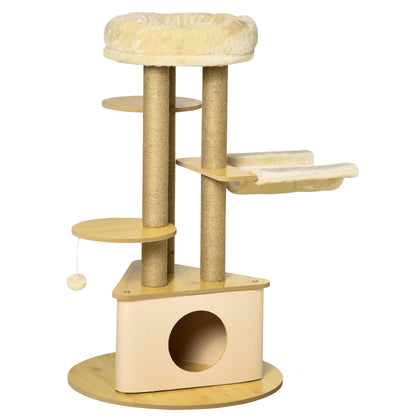 Cat Scratching Tree Ø60x99 cm with Removable Triangular Felt Cave Hammock Washable Bed Sisal Scratching Posts Platforms and Hanging Ball Beige and Natural