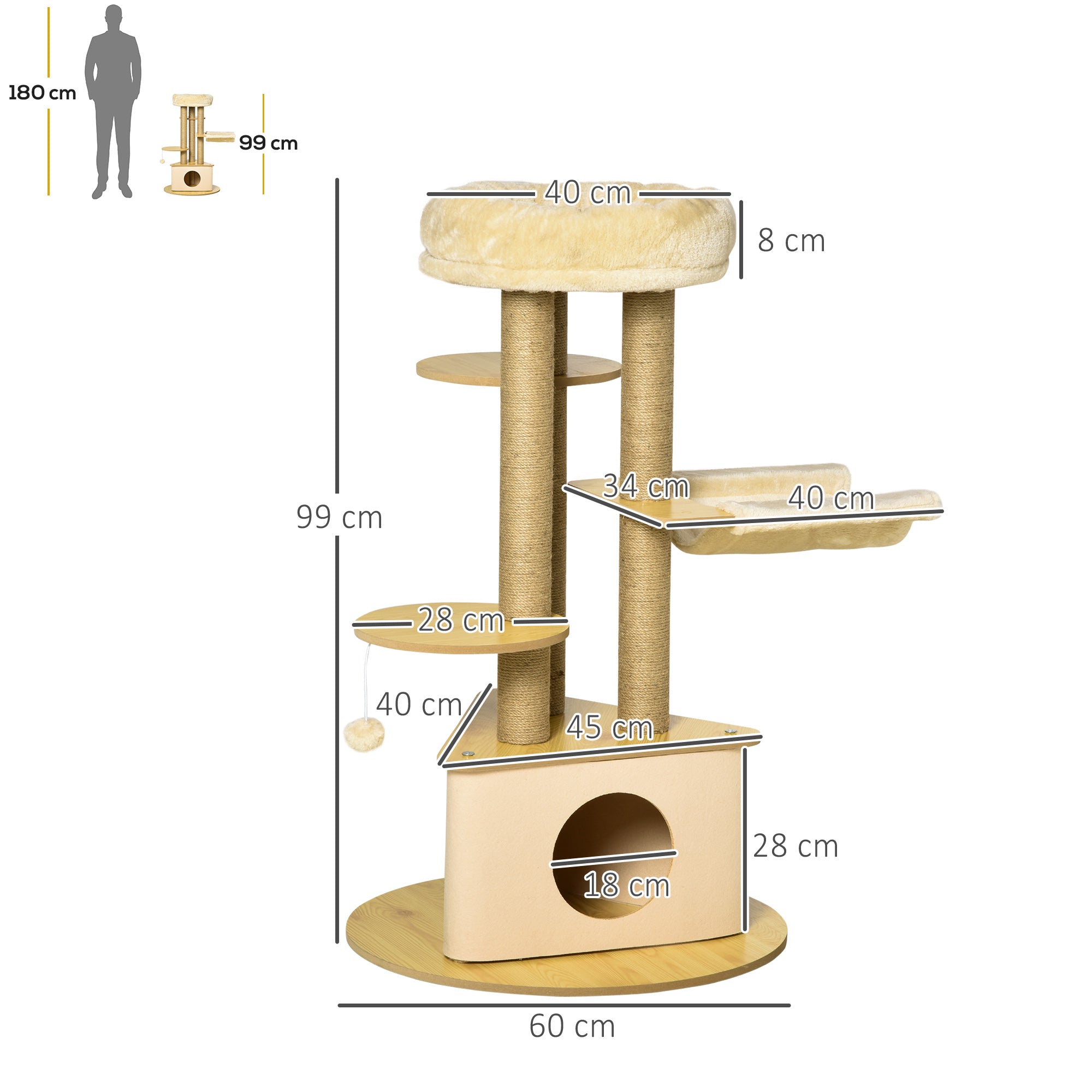 Cat Scratching Tree Ø60x99 cm with Removable Triangular Felt Cave Hammock Washable Bed Sisal Scratching Posts Platforms and Hanging Ball Beige and Natural