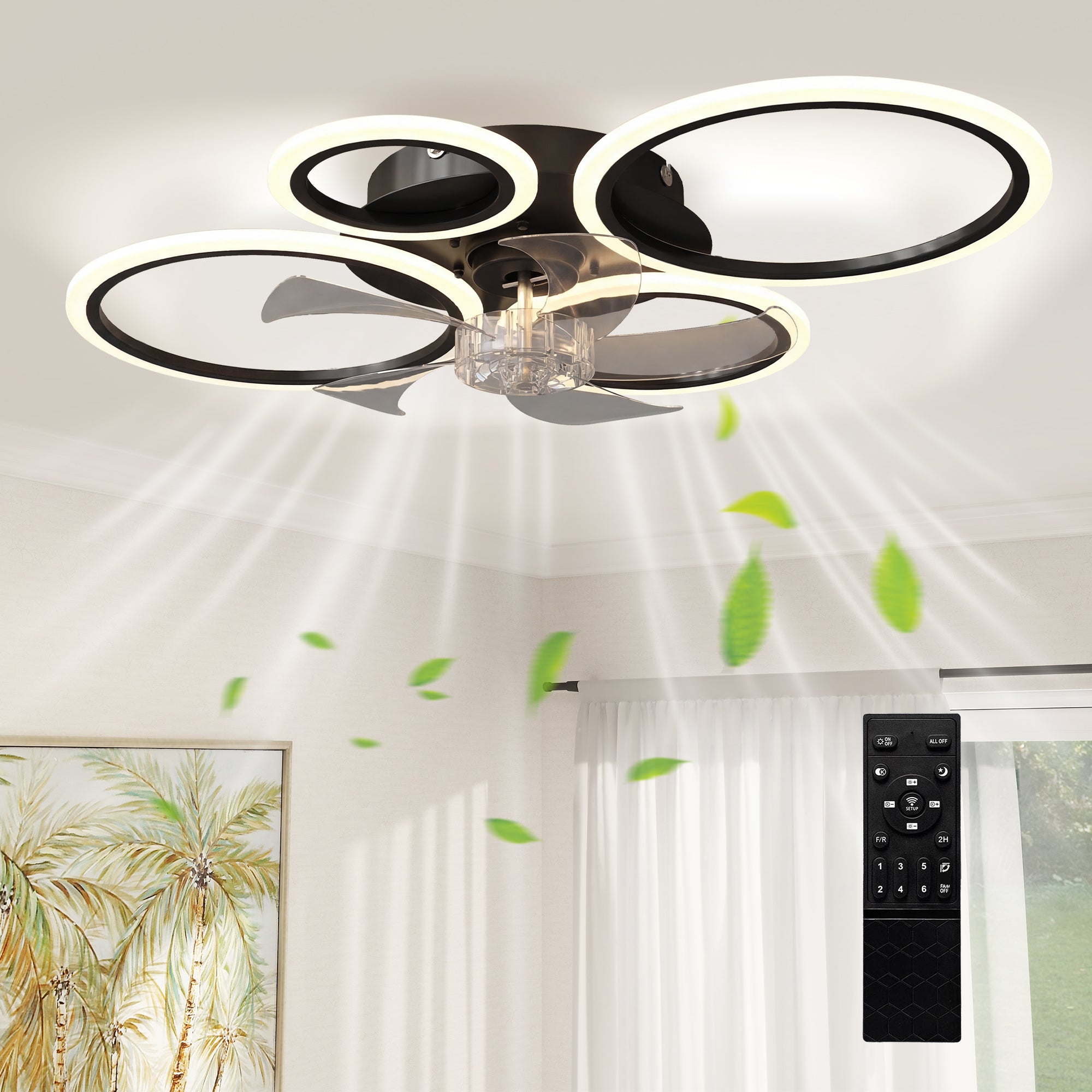 LED Ceiling Fan Light, Quiet 30" (77 cm) with Remote — 6 Speeds, 3 Color Temperatures, DC Motor, Timer — Black