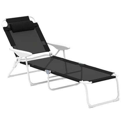 Folding Sun Lounger with Pillow — 4-Position Adjustable Backrest, Weather-Resistant Camping & Garden Chair, Supports up to 265 lb, Black