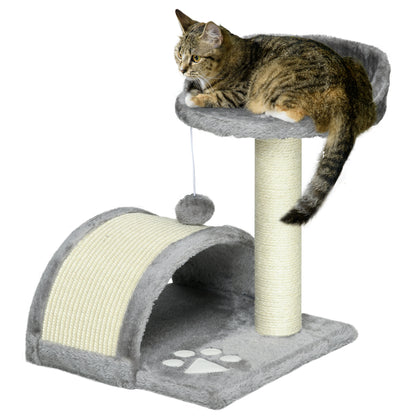 Small Cat Scratching Tree Height 46 cm 2-Level Cat Tree with Scratching Post, Platforms, and Hanging Ball Toy 35.5x37x46 cm Gray