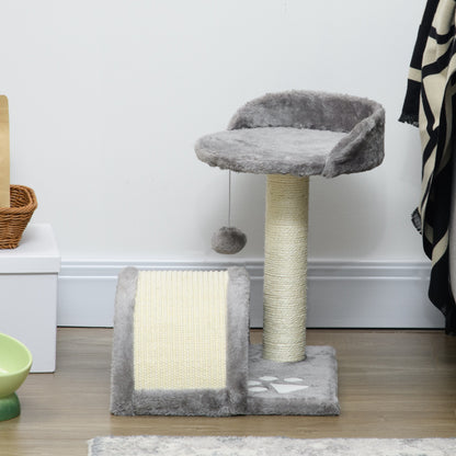 Small Cat Scratching Tree Height 46 cm 2-Level Cat Tree with Scratching Post, Platforms, and Hanging Ball Toy 35.5x37x46 cm Gray