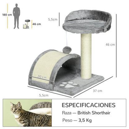 Small Cat Scratching Tree Height 46 cm 2-Level Cat Tree with Scratching Post, Platforms, and Hanging Ball Toy 35.5x37x46 cm Gray