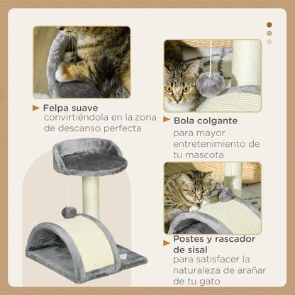 Small Cat Scratching Tree Height 46 cm 2-Level Cat Tree with Scratching Post, Platforms, and Hanging Ball Toy 35.5x37x46 cm Gray