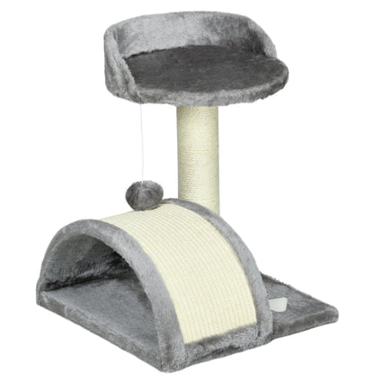 Small Cat Scratching Tree Height 46 cm 2-Level Cat Tree with Scratching Post, Platforms, and Hanging Ball Toy 35.5x37x46 cm Gray
